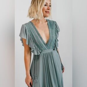 Baltic Born Jennifer Deep V Neck  Maxi Dress w/Ruffle Sleeves Sage Green Size S
